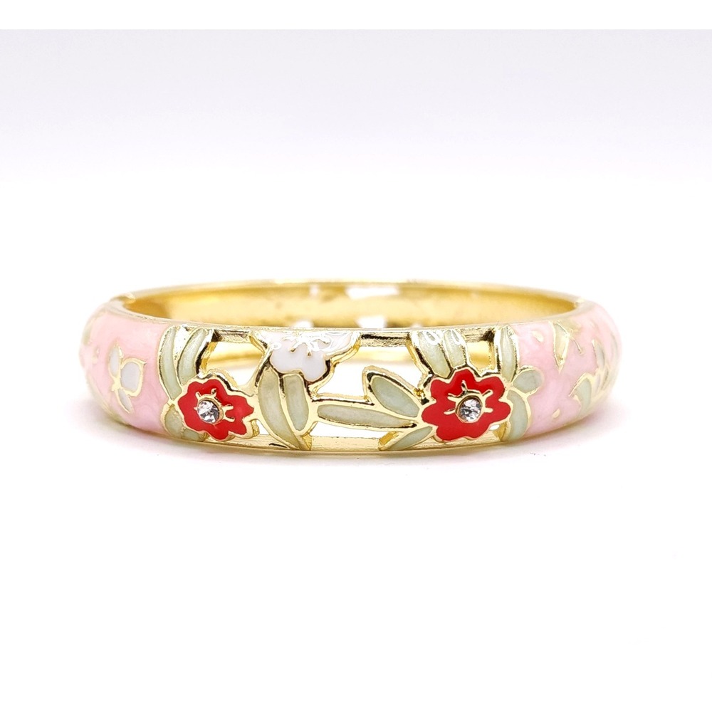 Pink Floral‎ Enamel Gold Hinge Bangle